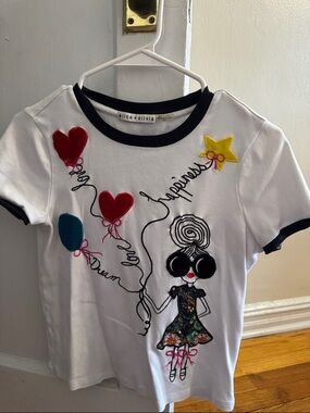 Alice + Olivia White Short-Sleeve Tee with Colorful Balloon and Girl Appliqués